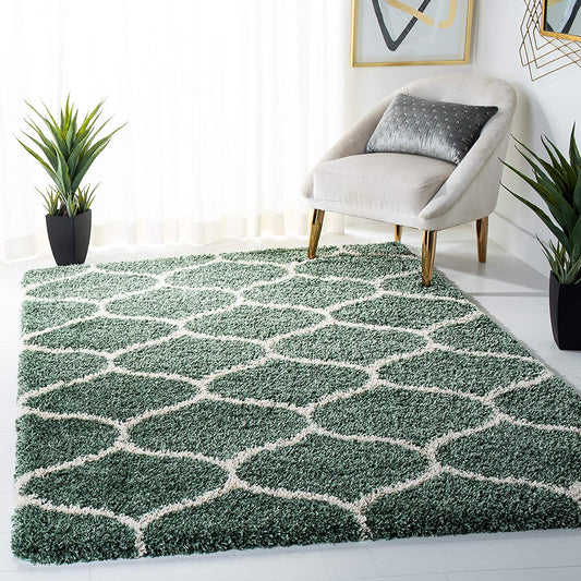 Green Ivory Ogee Trellis Microfiber Shaggy Rug