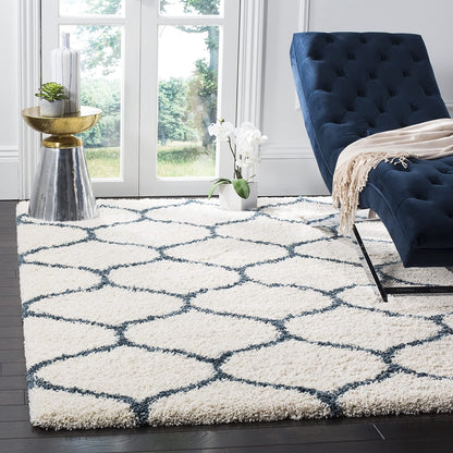 Ivory Blue Ogee Trellis Microfiber Shaggy Rug