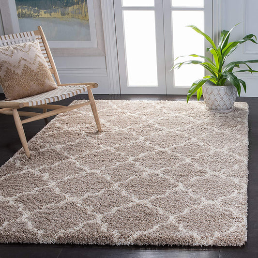 Beige Ivory Moroccan Trellis Microfiber Shaggy Rug