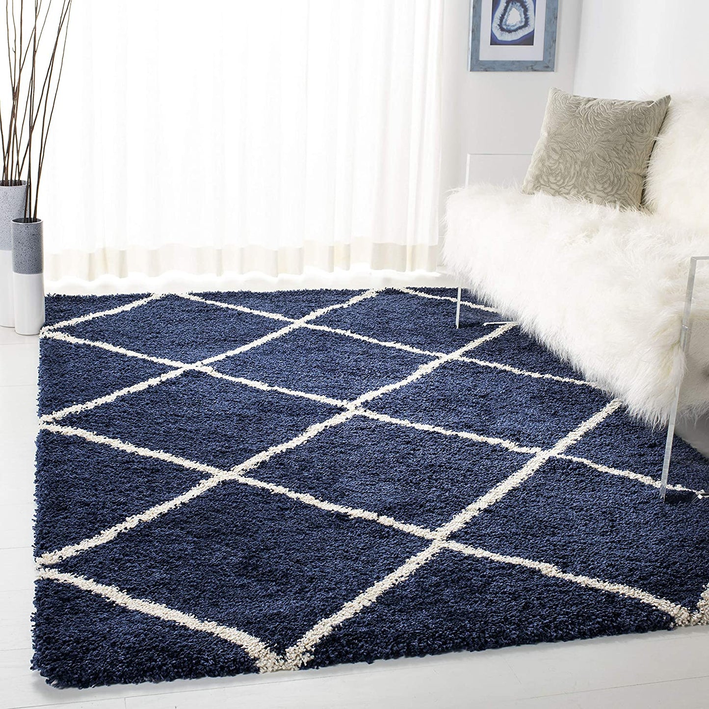 Blue Ivory Diamond Trellis Microfiber Shaggy Rug