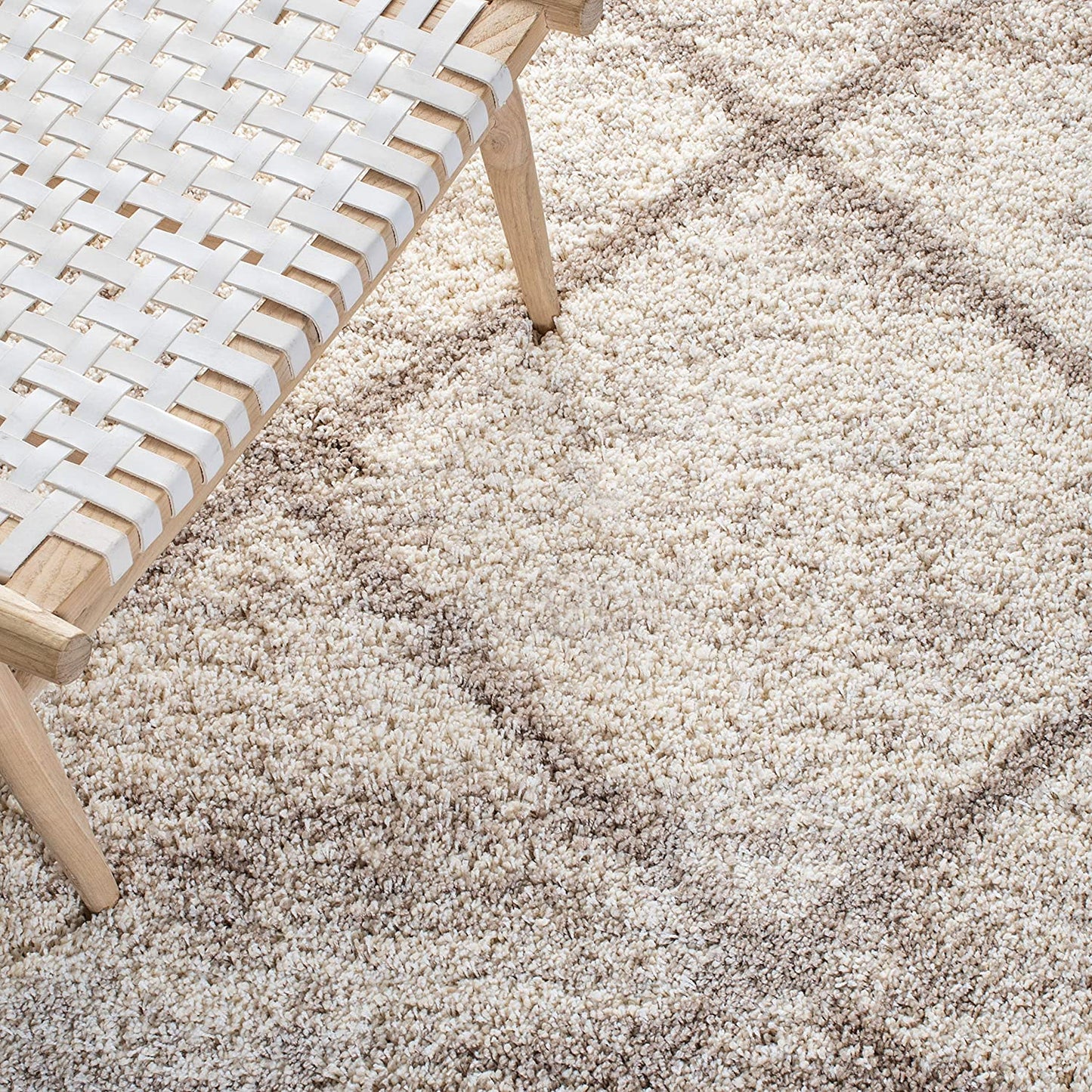 Ivory Beige Diamond Trellis Microfiber Shaggy Rug