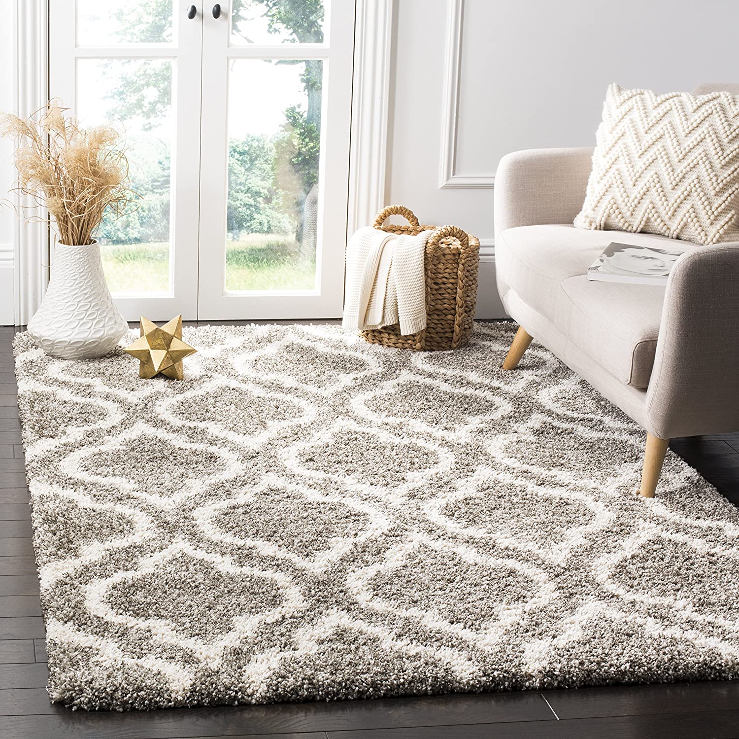 Grey Ivory Moroccan Microfiber Shaggy Rug