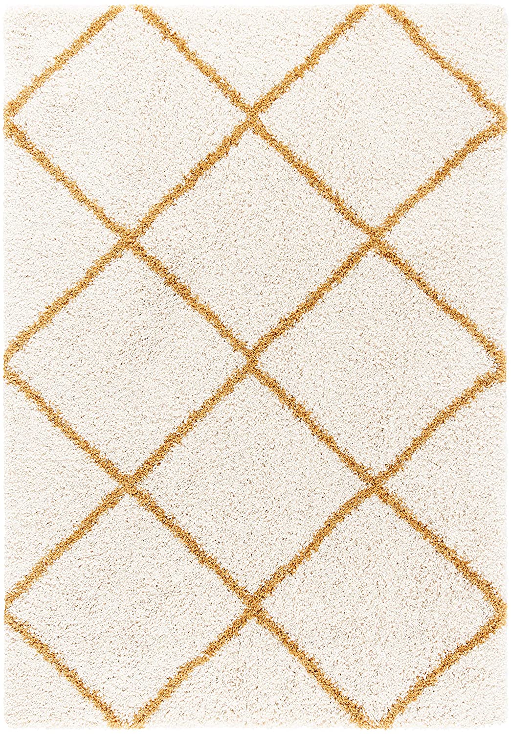 Ivory Yellow Diamond Trellis Microfiber Shaggy Rug