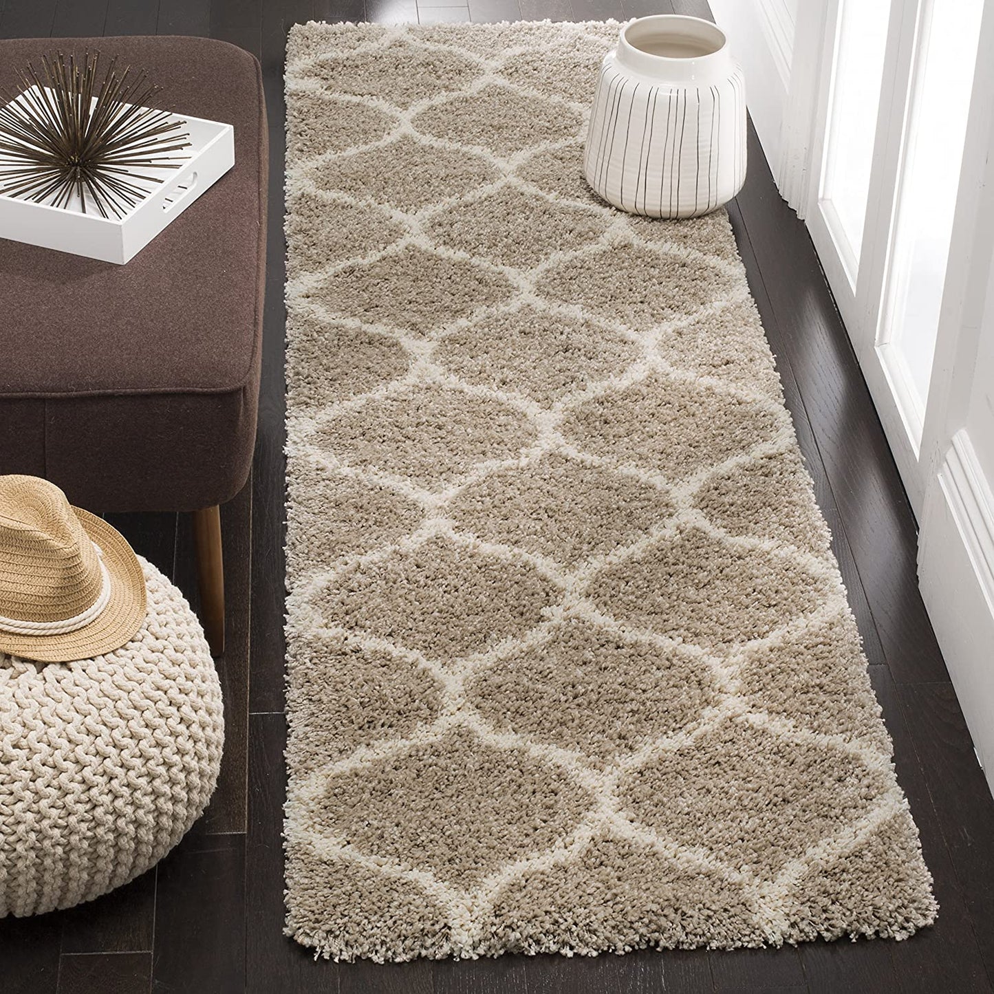 Beige Ivory Ogee Trellis Microfiber Shaggy Rug