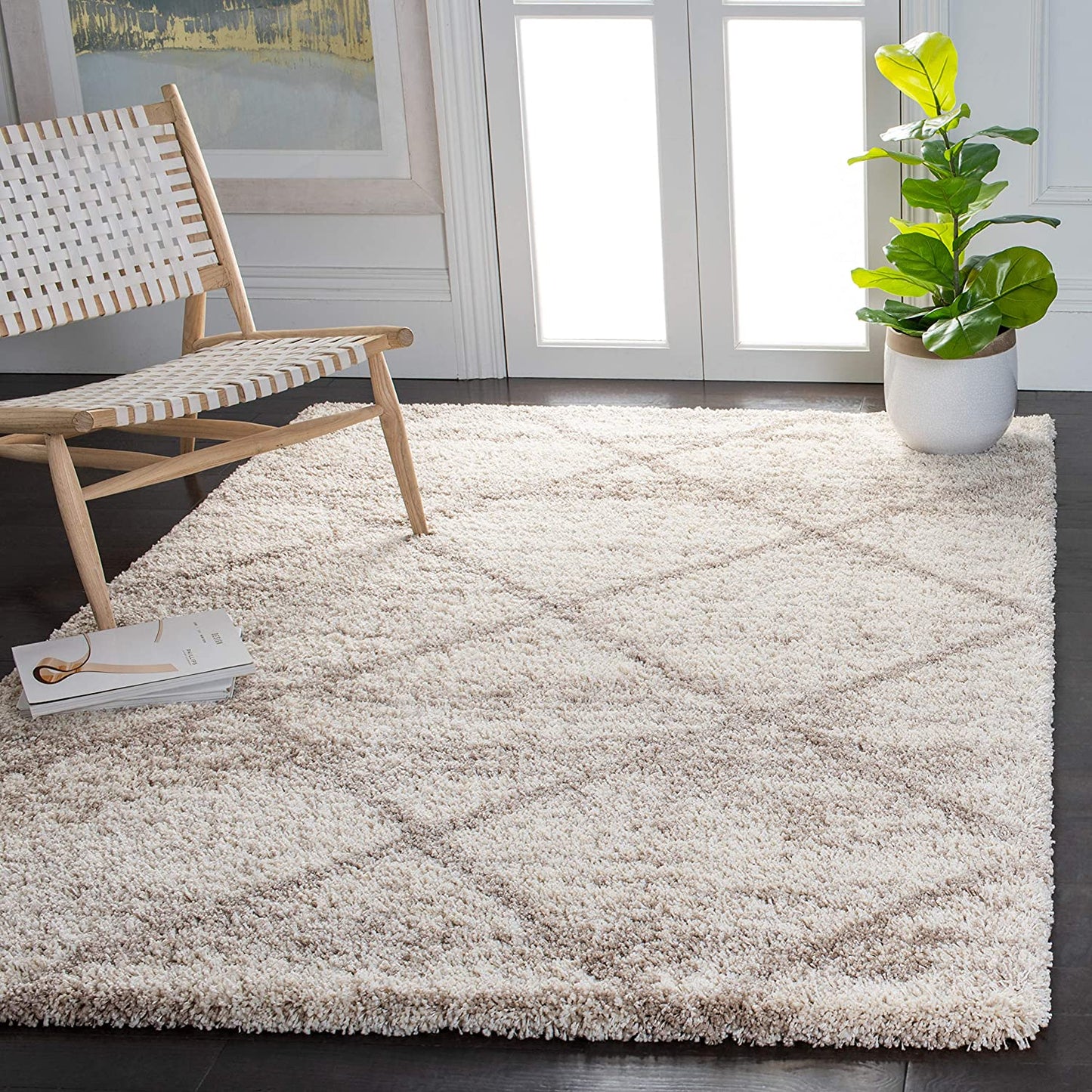 Ivory Beige Diamond Trellis Microfiber Shaggy Rug