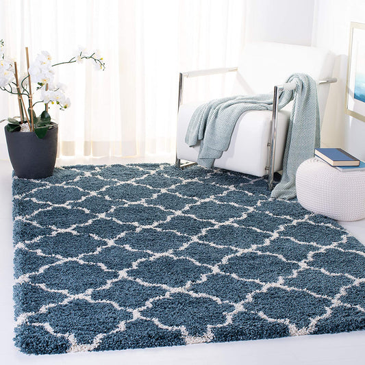 Blue Ivory Moroccan Trellis Microfiber Shaggy Rug