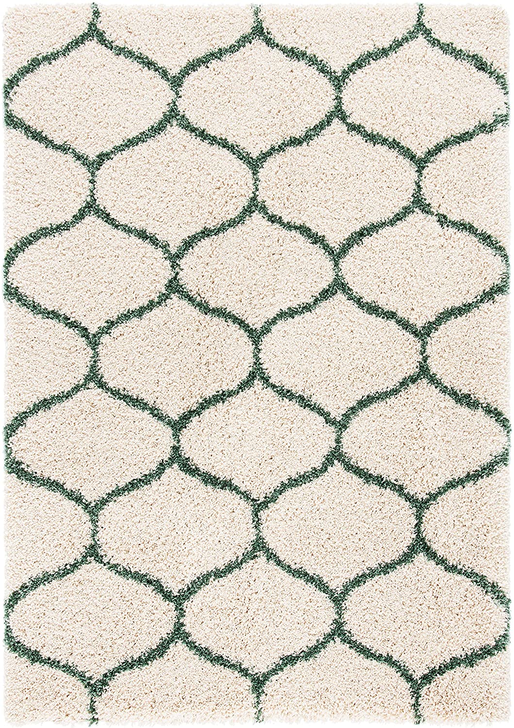 Ivory Green Ogee Trellis Microfiber Shaggy Rug