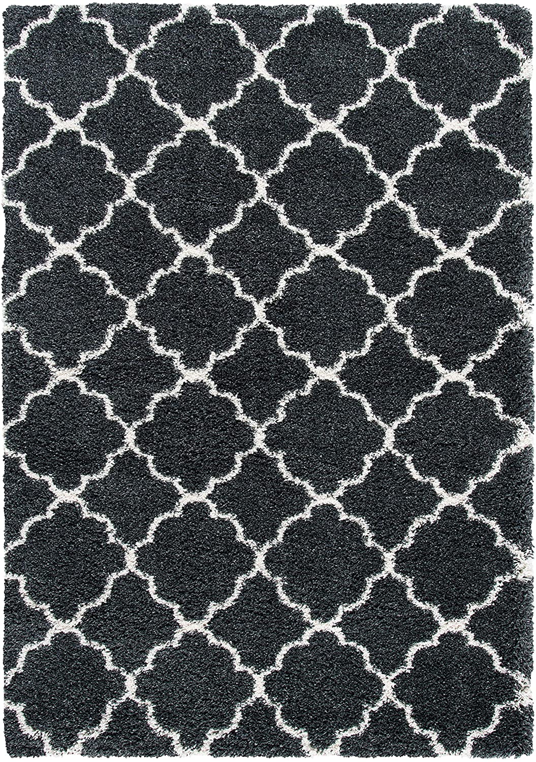 Dark Grey Ivory Moroccan Trellis Microfiber Shaggy Rug