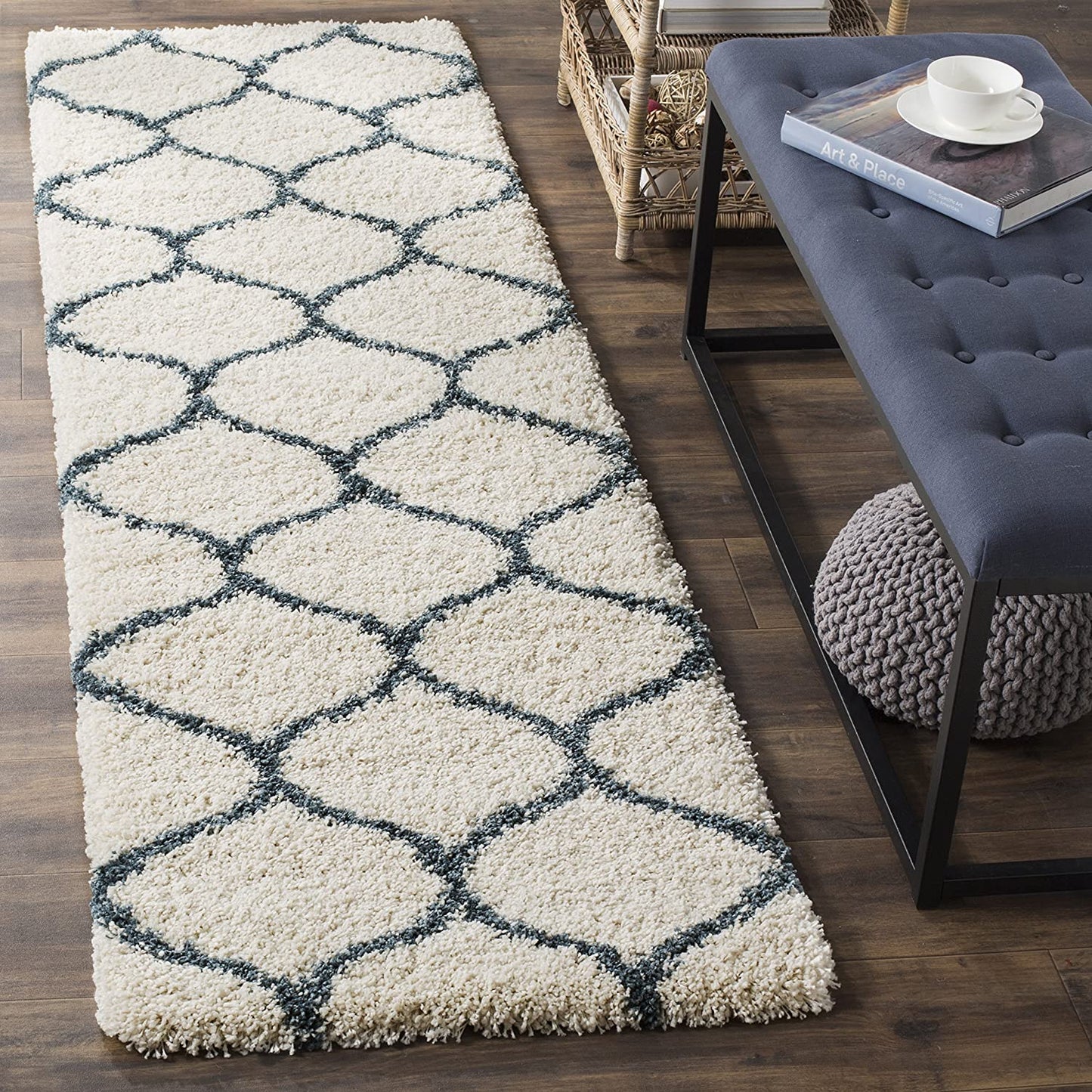 Ivory Blue Ogee Trellis Microfiber Shaggy Rug