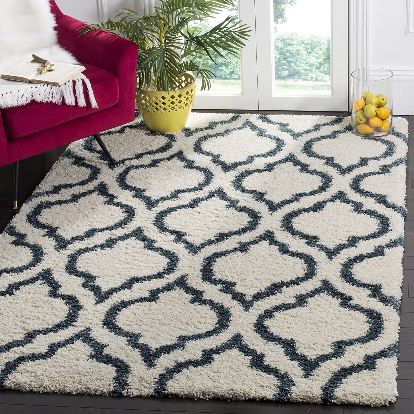 Ivory Blue Moroccan Microfiber Shaggy Rug