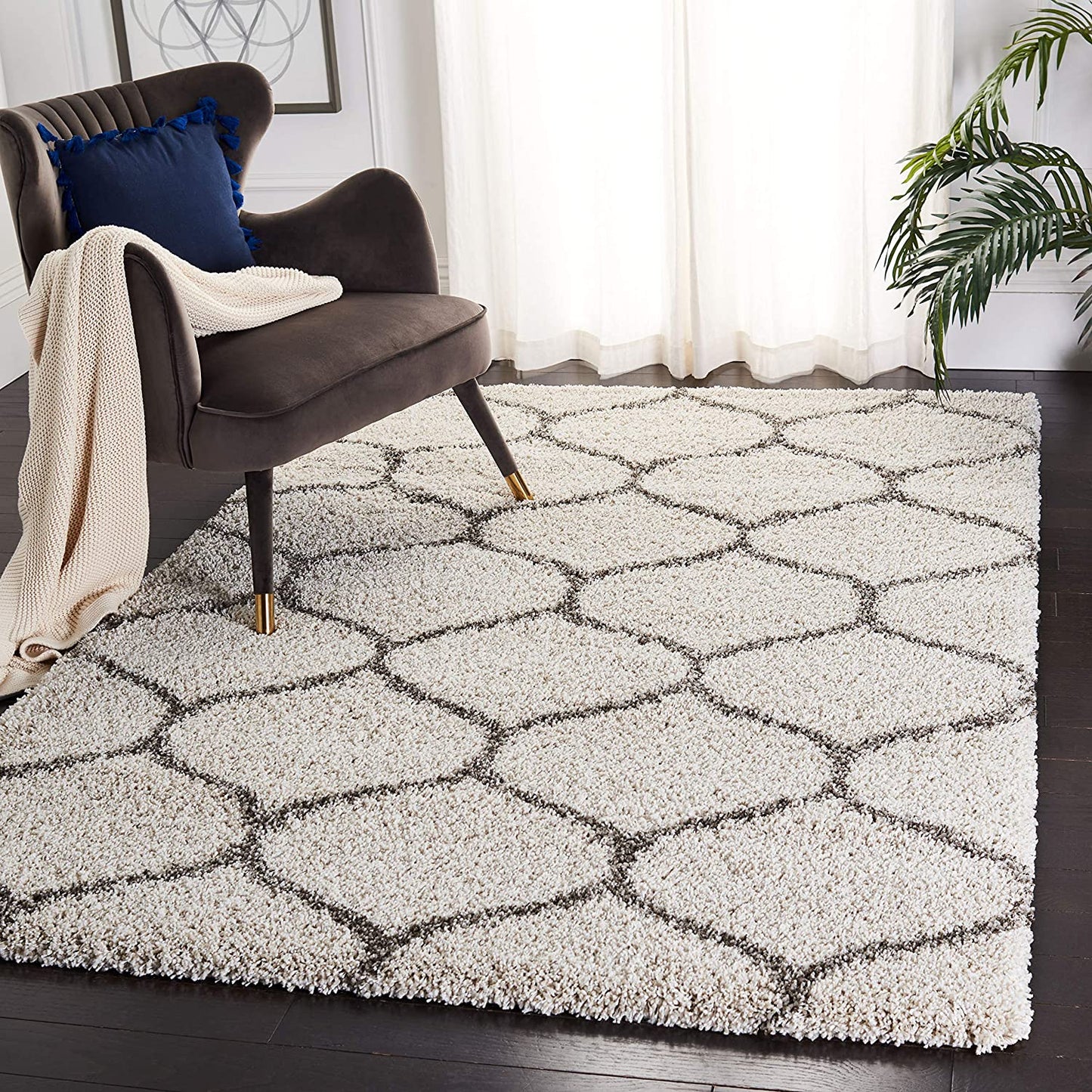 Ivory Grey Ogee Trellis Microfiber Shaggy Rug