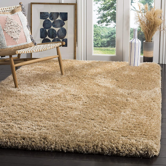 Beige Solid Microfiber&Silk Shaggy Rug