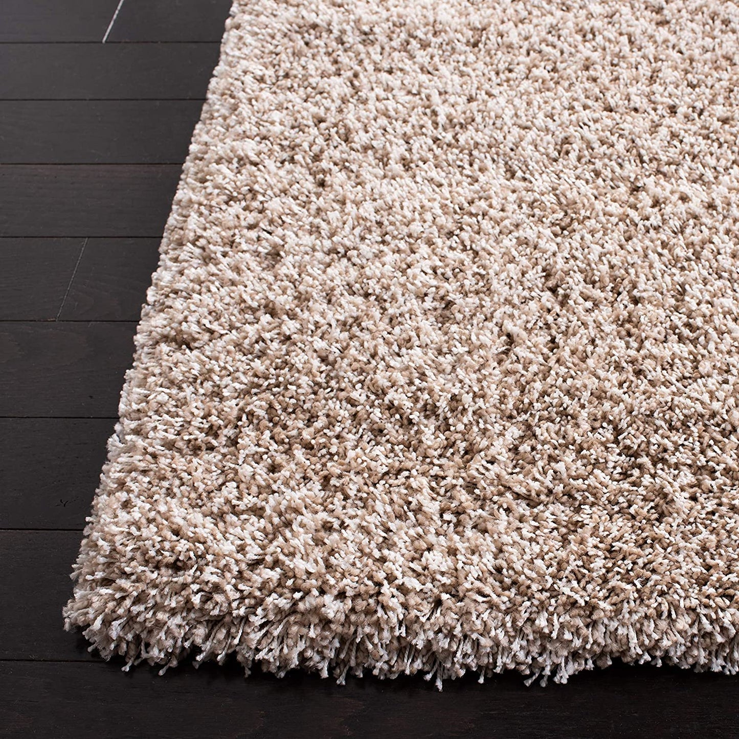 Beige Solid Microfiber Shaggy Rug