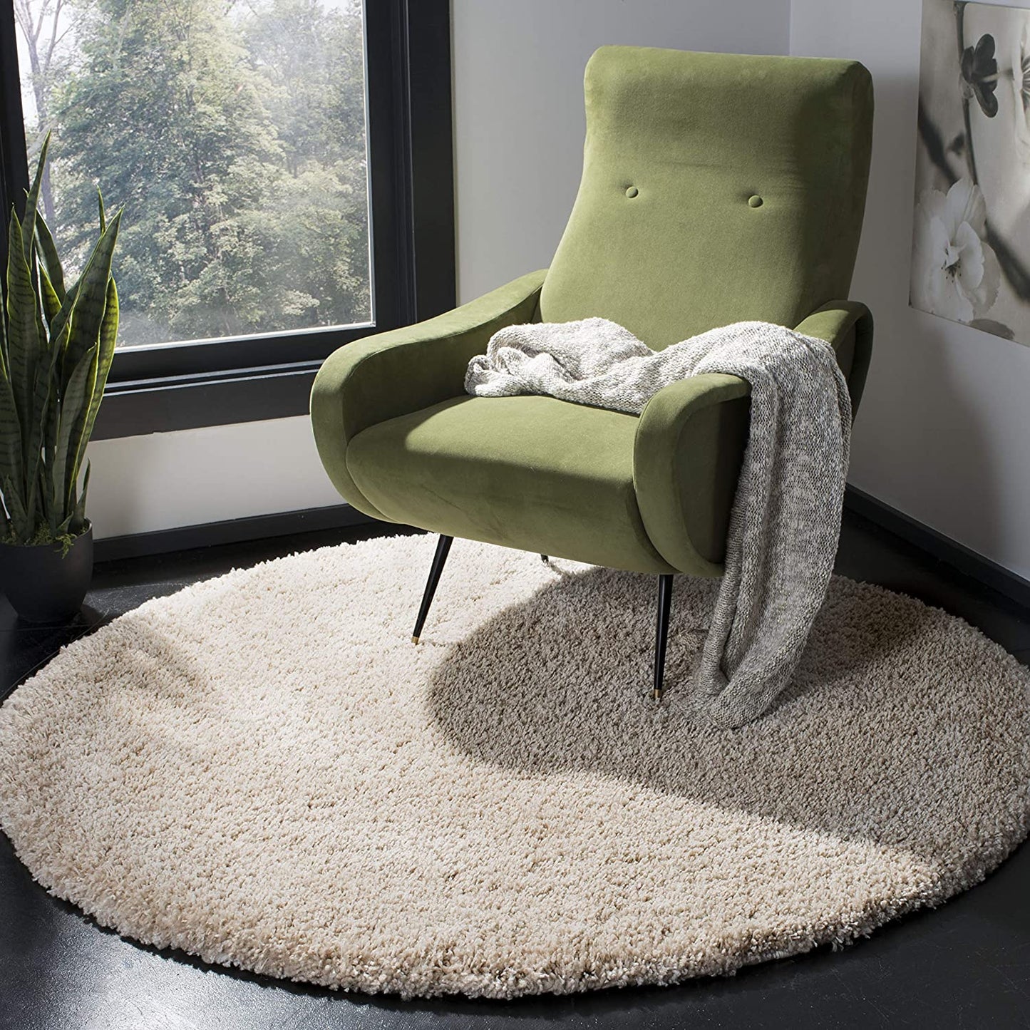 Beige Solid Microfiber Shaggy Rug