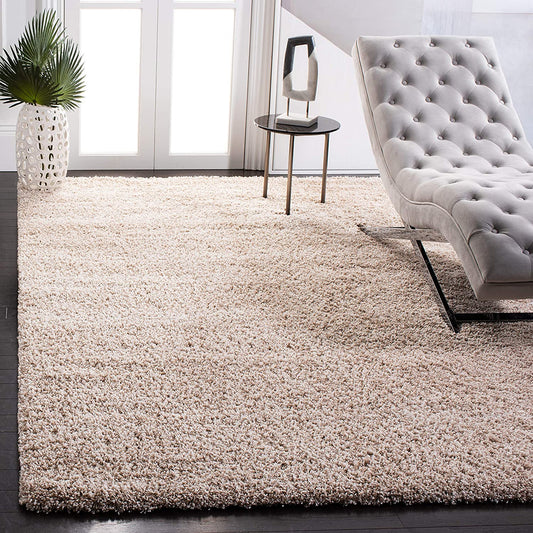 Beige Solid Microfiber Shaggy Rug