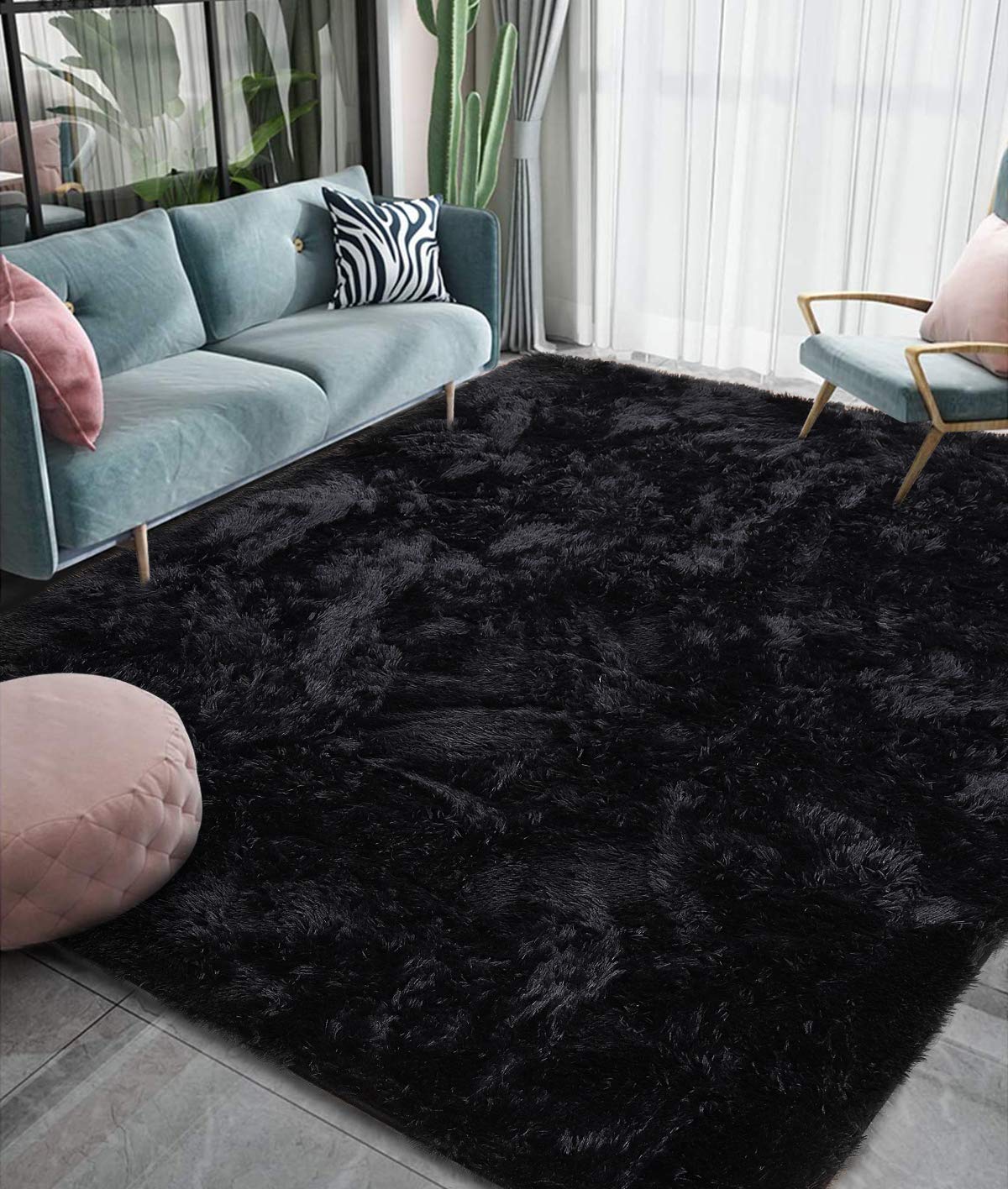 Black Solid Microfiber&Silk Shaggy Rug