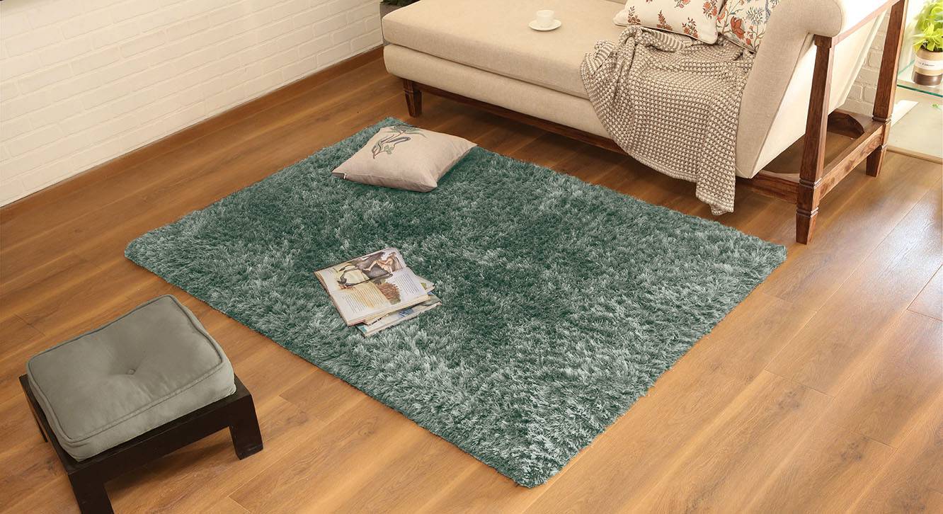 Green Solid Microfiber&Silk Shaggy Rug