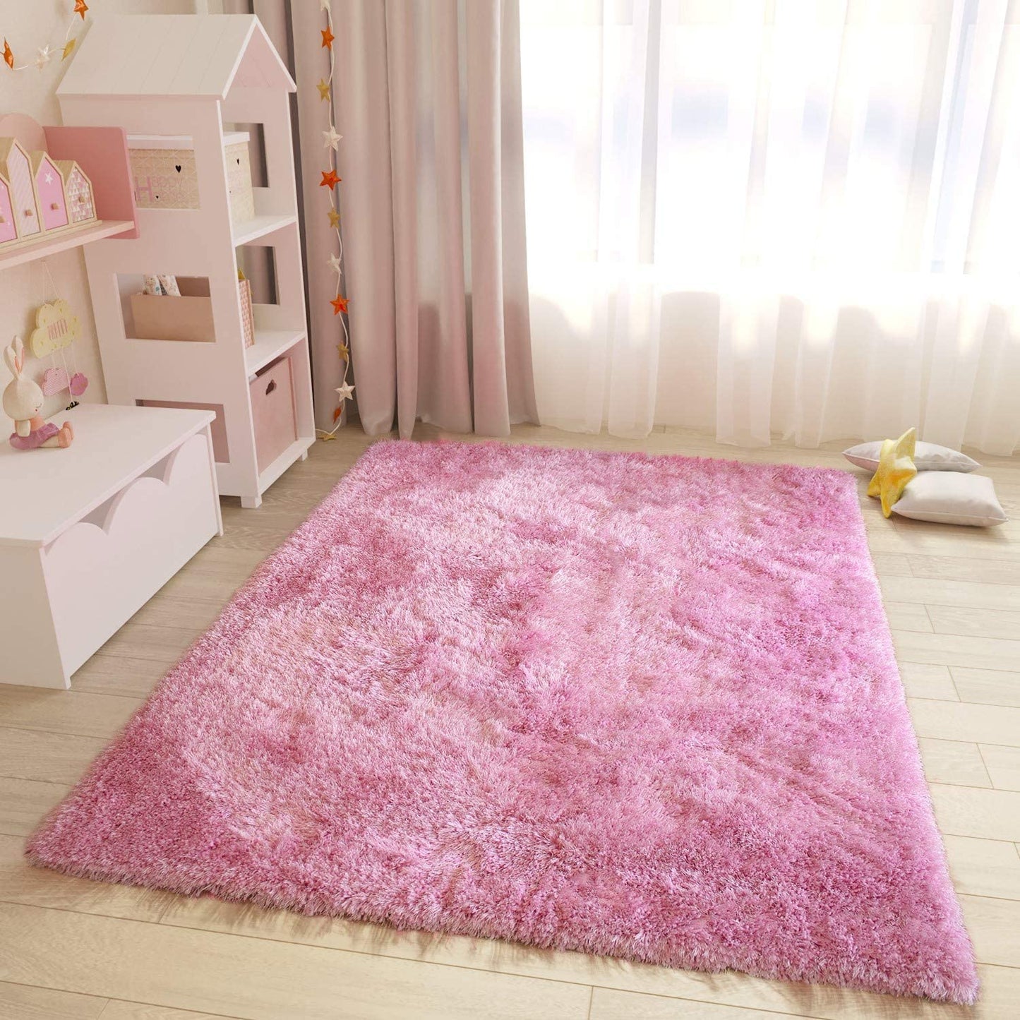 Pink Solid Microfiber&Silk Shaggy Rug