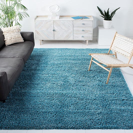 Turquoise Solid Microfiber Shaggy Rug