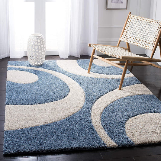 Blue Cream 3D Microfiber Shaggy Rug