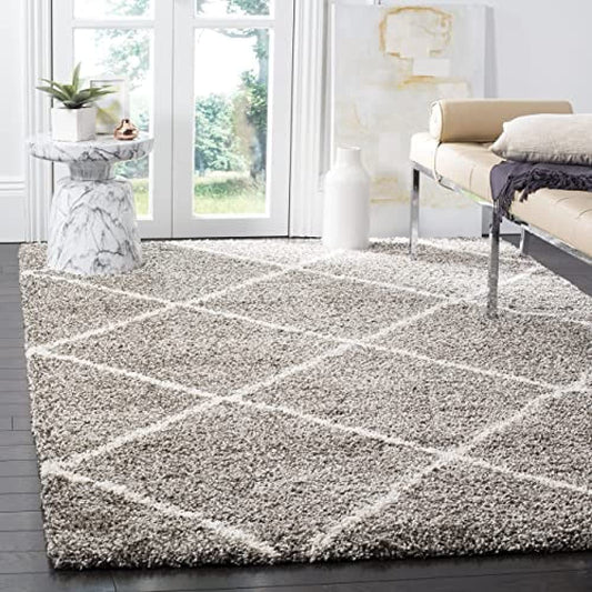 Grey Ivory Diamond Trellis Microfiber Shaggy Rug