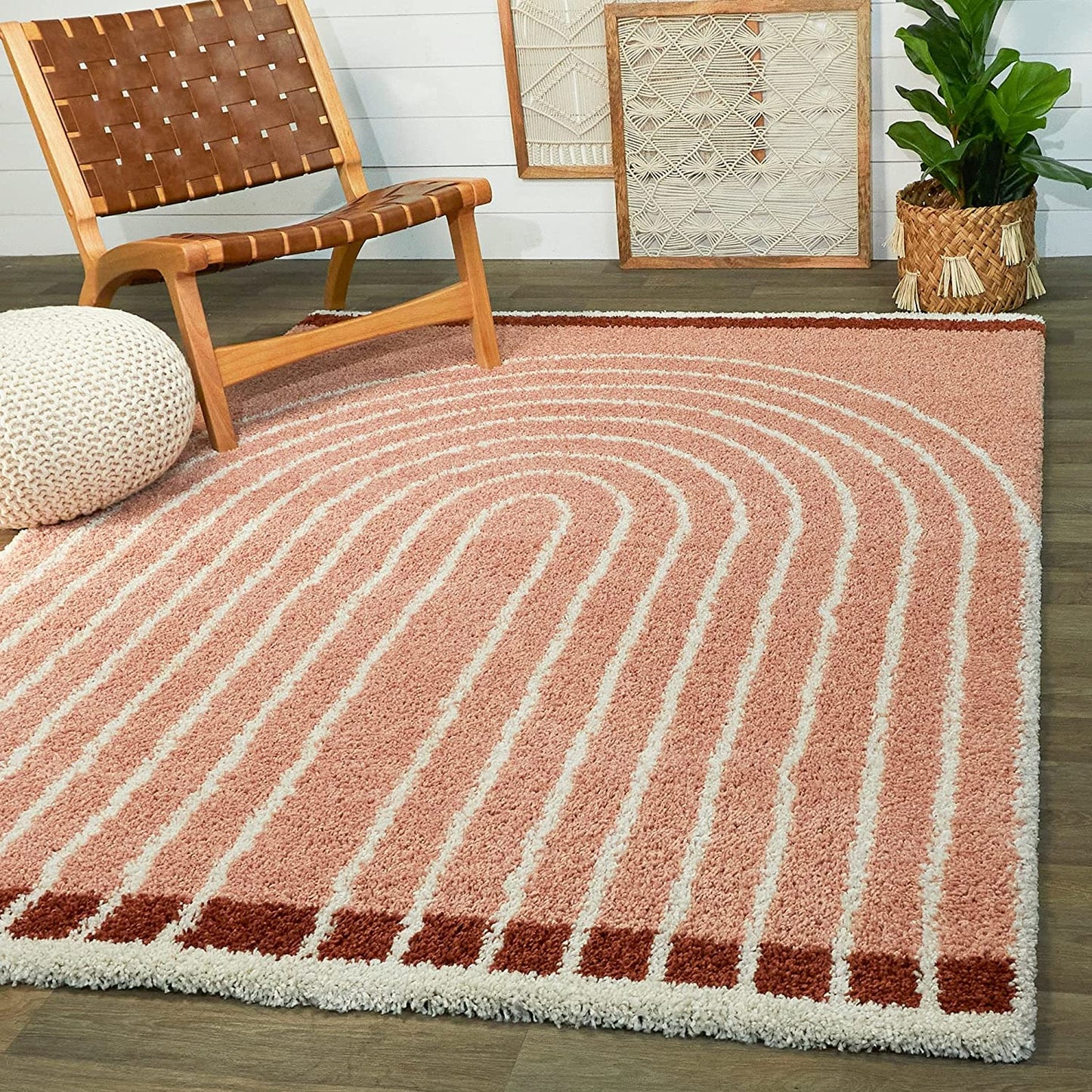 White Pink Modern Microfiber Shaggy Rug