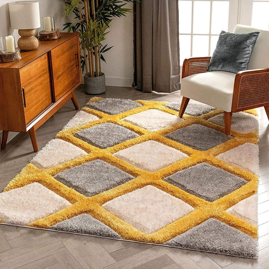 Grey Yellow 3D Microfiber&Silk Shaggy Rug