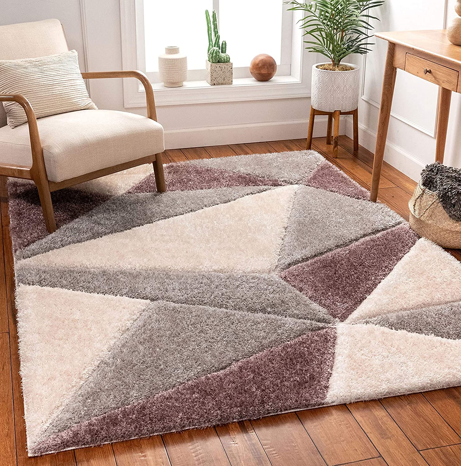 Grey Cream 3D Microfiber & Silk Shaggy Rug
