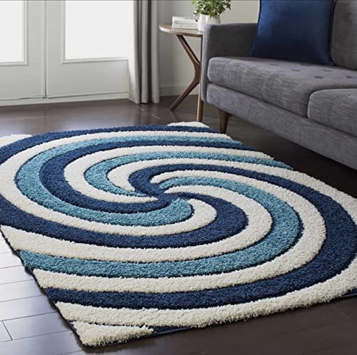 Blue White 3D Microfiber Shaggy Rug