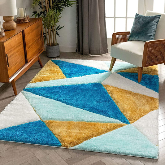 Blue Yellow 3D Microfiber&Silk Shaggy Rug