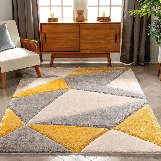 Yellow Grey 3D Microfiber&Silk Shaggy Rug