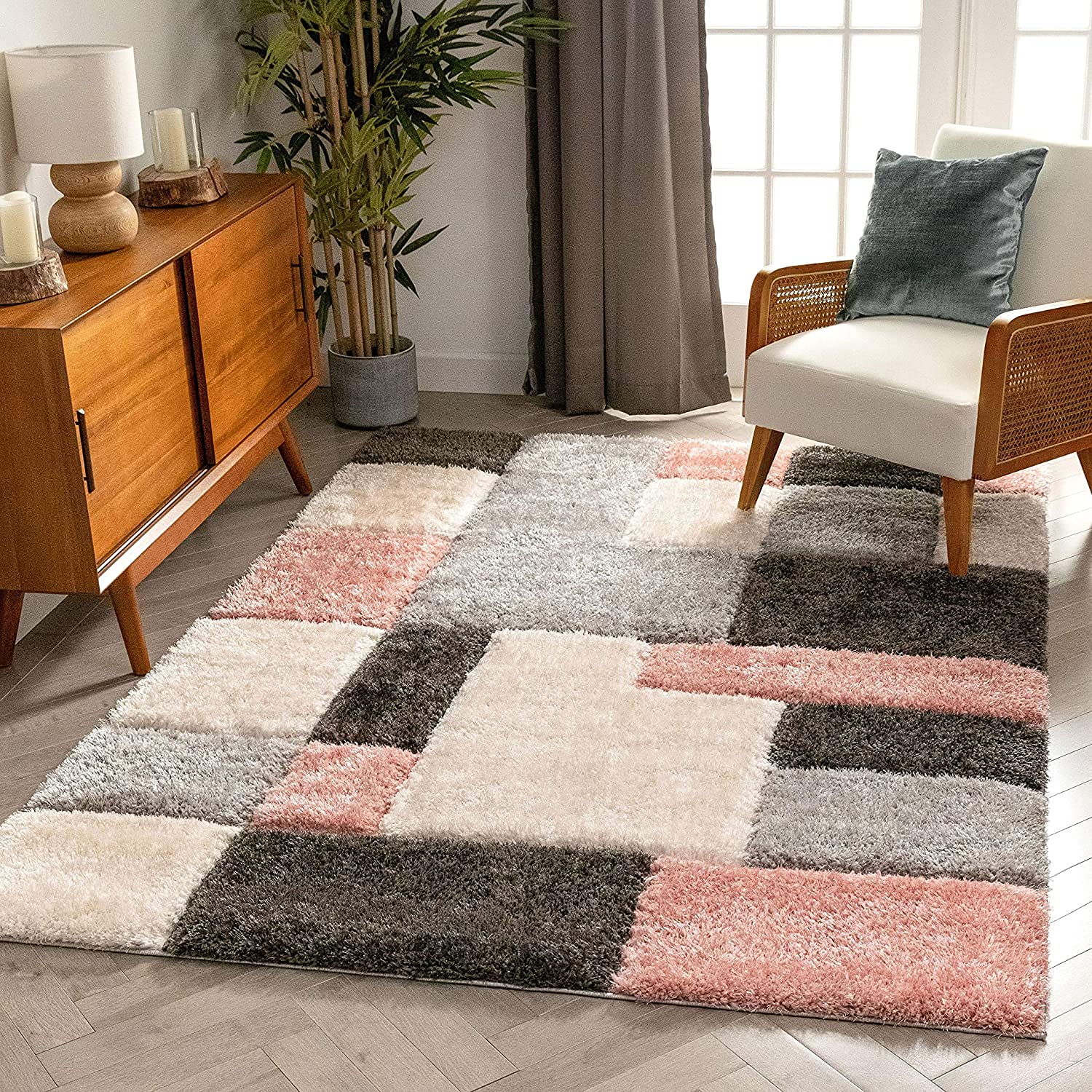 Pink Grey 3D Microfiber&Silk Shaggy Rug