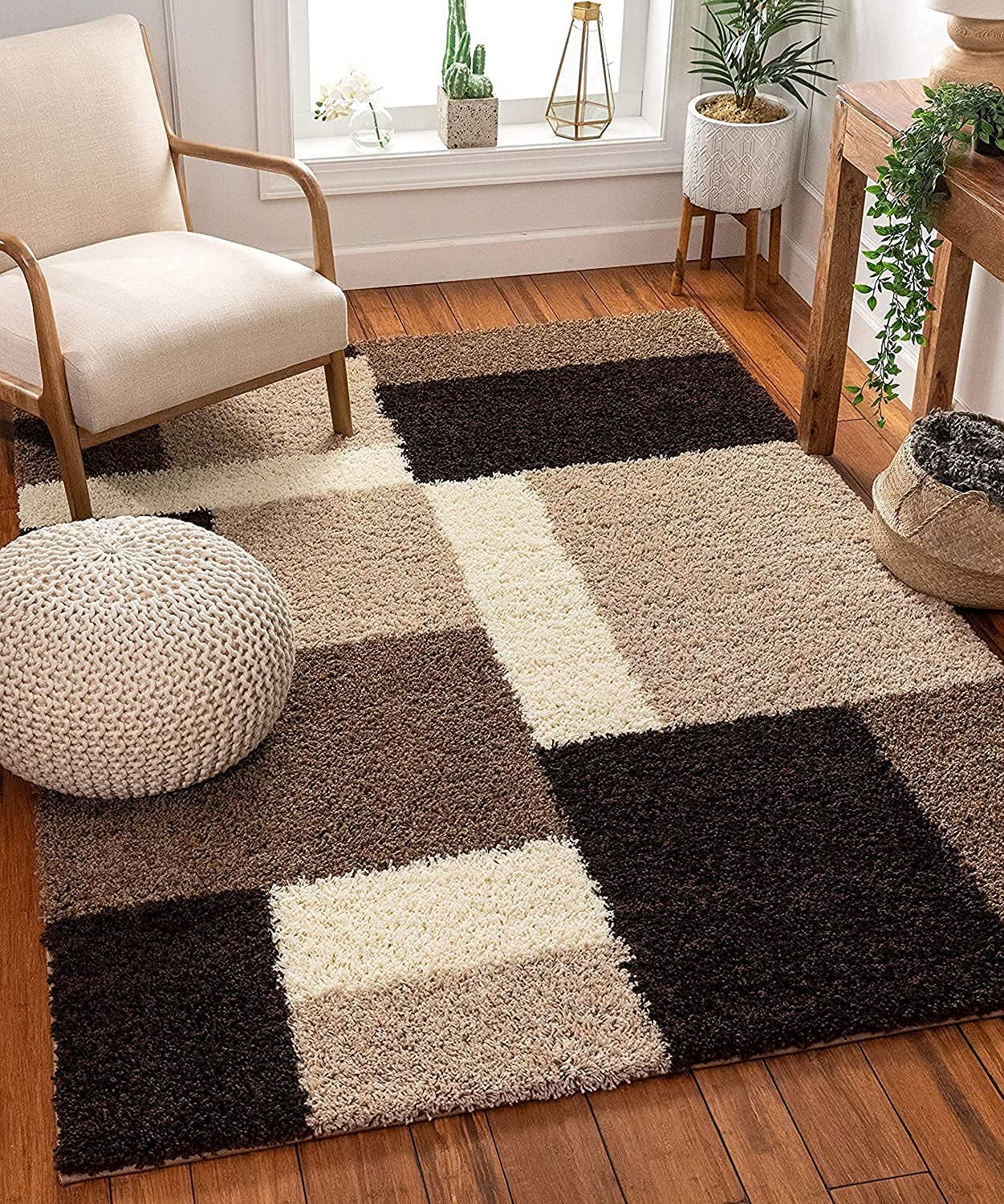 Brown Multicolor Microfiber Shaggy Rug