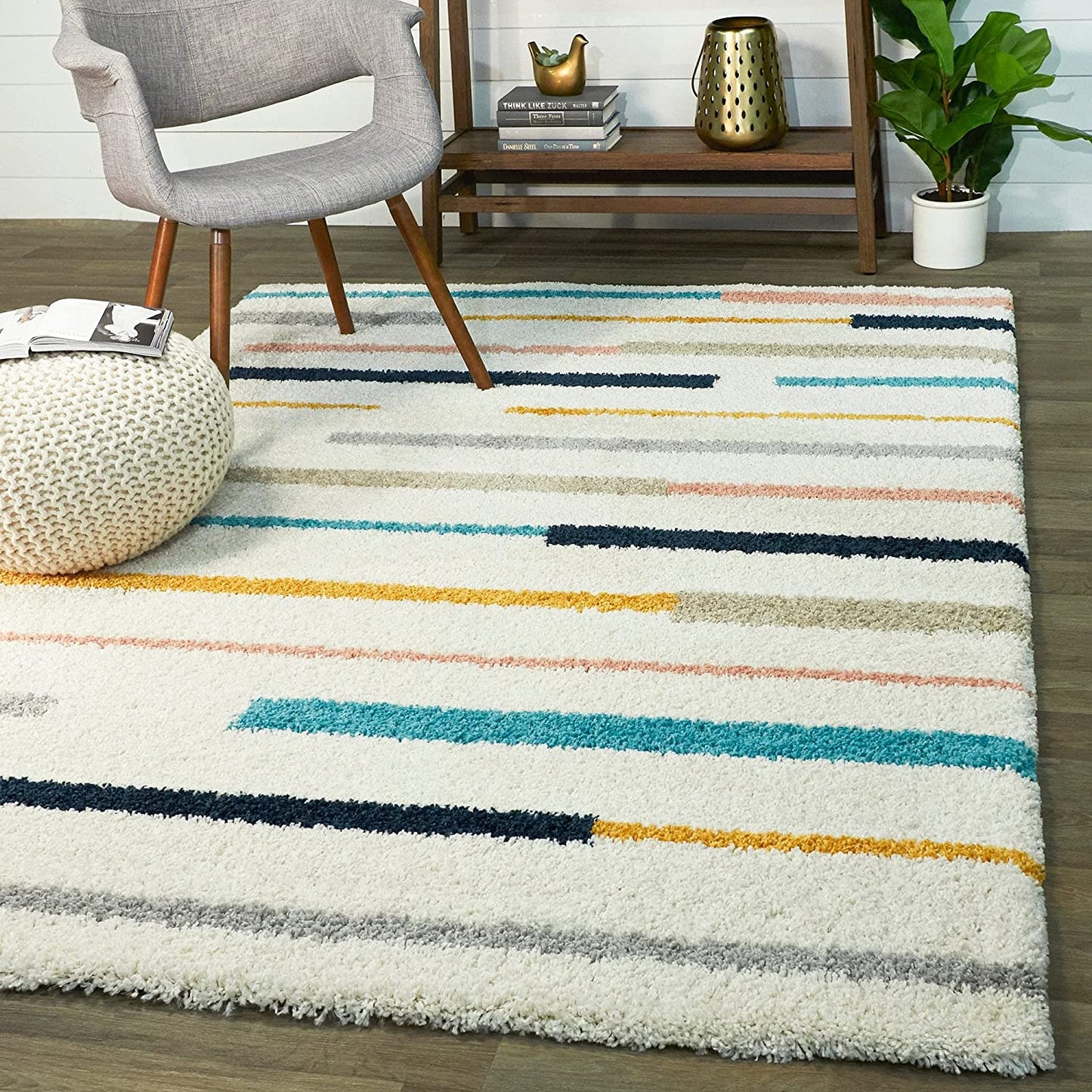 White Multicolor Microfiber Shaggy Rug