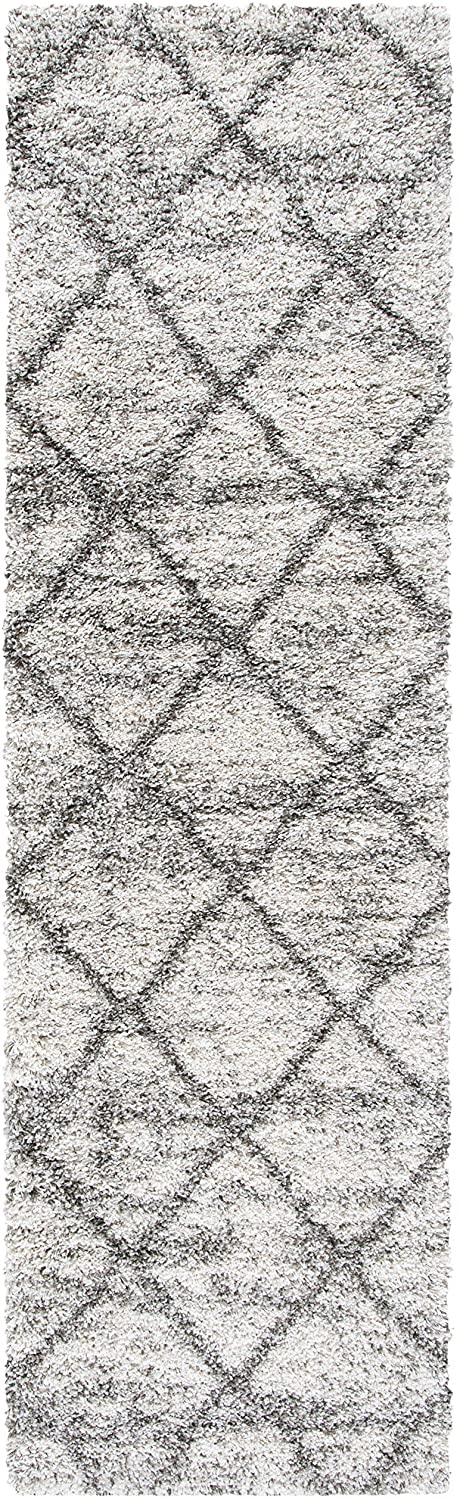 Grey Beige Diamond Trellis Microfiber Shaggy Rug