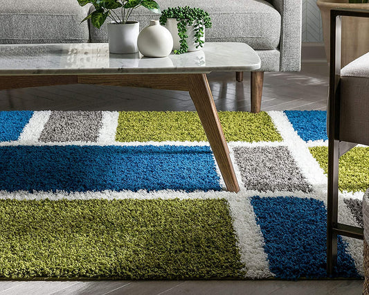 Green Blue Multicolor Microfiber Shaggy Rug