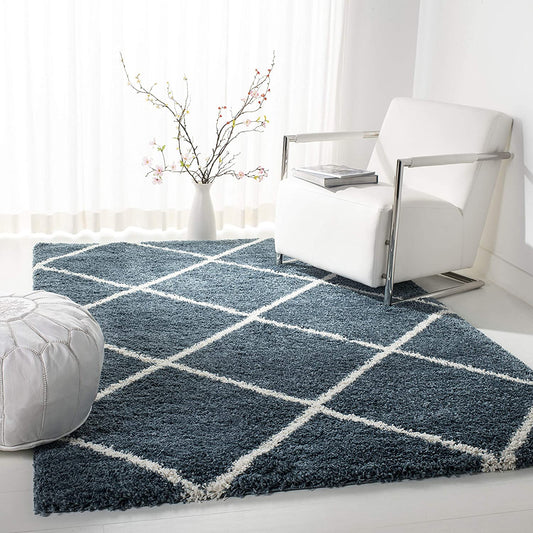 Blue Ivory Diamond Trellis Microfiber Shaggy Rug