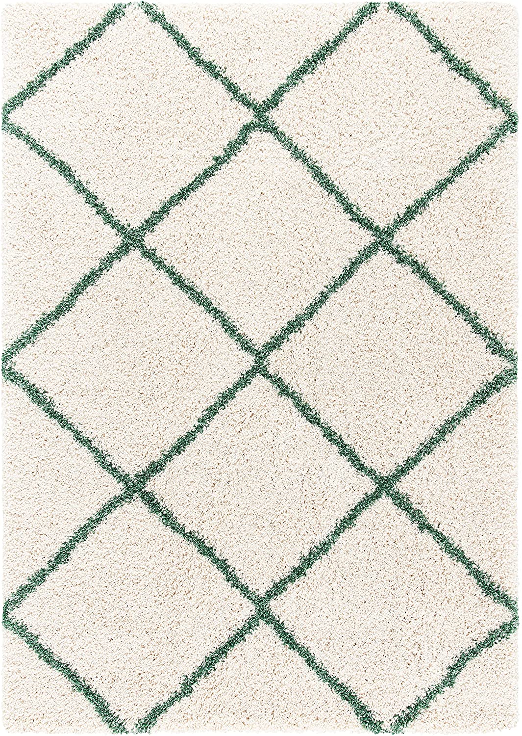 Ivory Green Diamond Trellis Microfiber Shaggy Rug