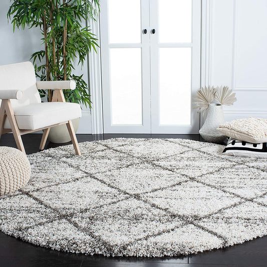 Grey Beige Diamond Trellis Microfiber Shaggy Rug