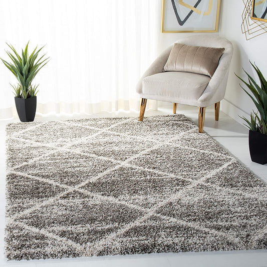 Grey Ivory Diamond Trellis Microfiber Shaggy Rug