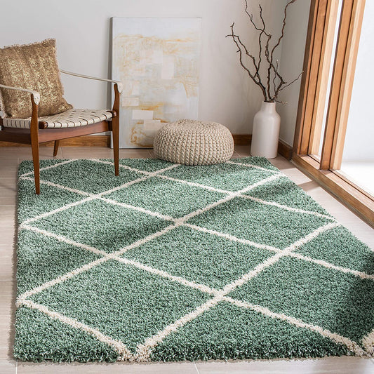 Green Ivory Diamond Trellis Microfiber Shaggy Rug