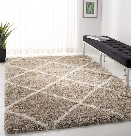 Beige Ivory Diamond Trellis Microfiber Shaggy Rug