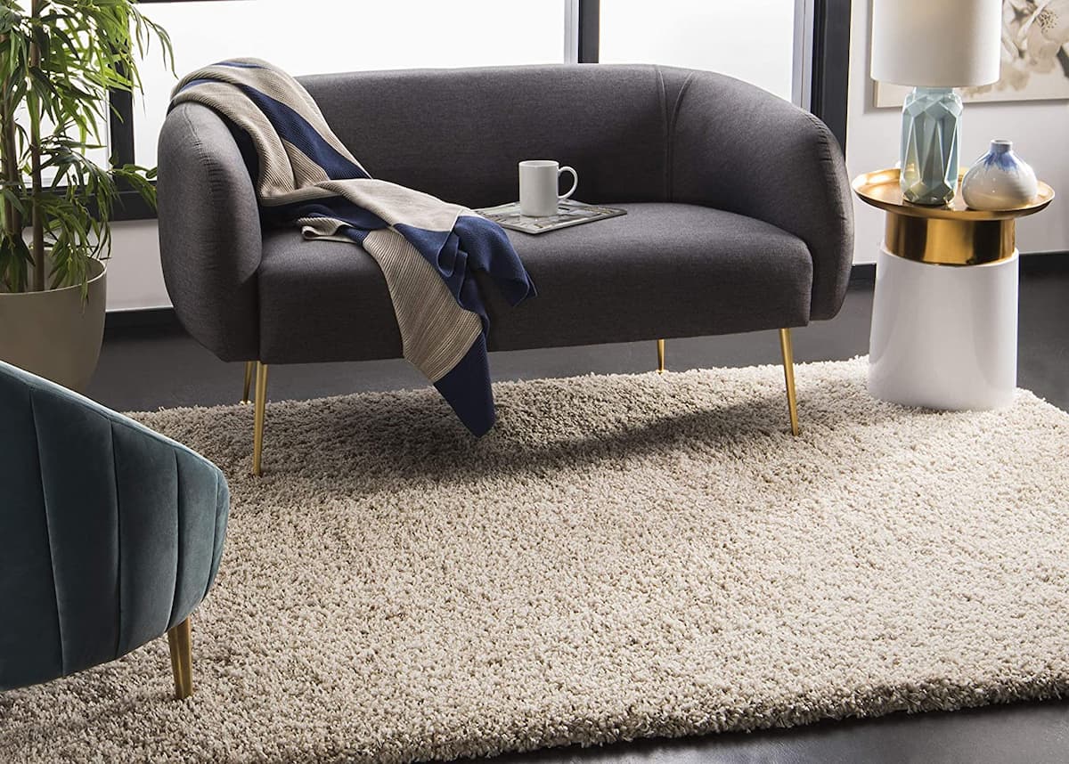Beige shaggy area rug styled in a modern living room - RugNoor