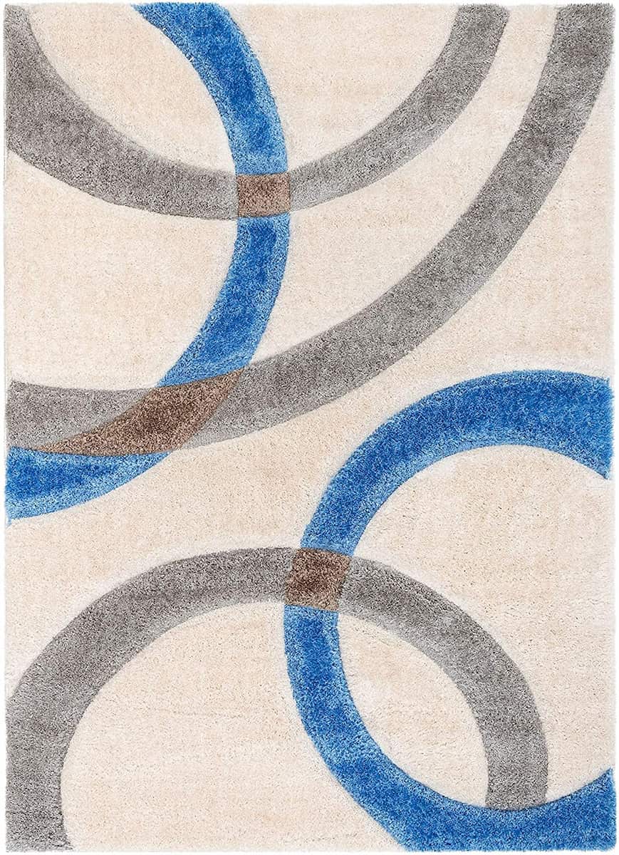 Full view of RugNoor's circular ring print shag carpet in blue and beige