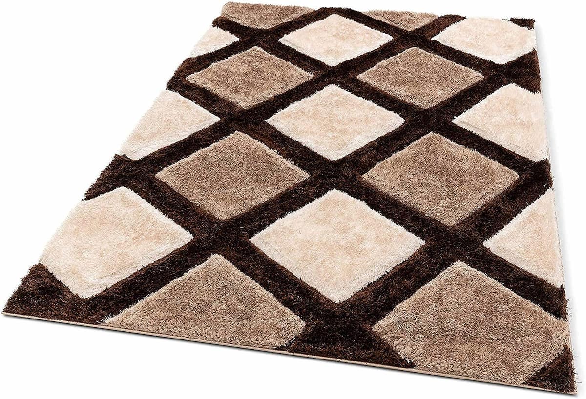 Angled shot of RugNoor's brown and beige diamond pattern shag carpet