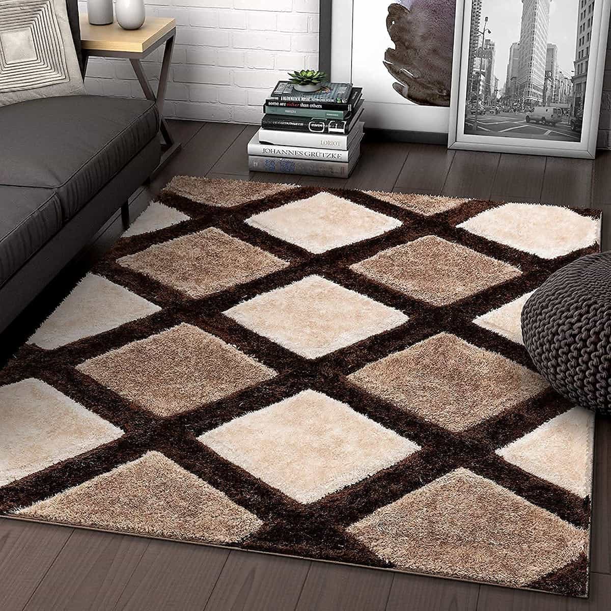 A diamond-shaped design cream and brown shaggy rug on a wooden floor, suitable for living room, bedroom, and dining room settings - RugNoor