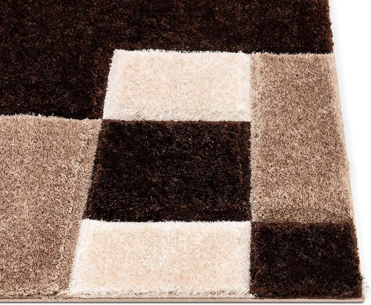 RugNoor corner view of brown and beige checkered shag rug texture