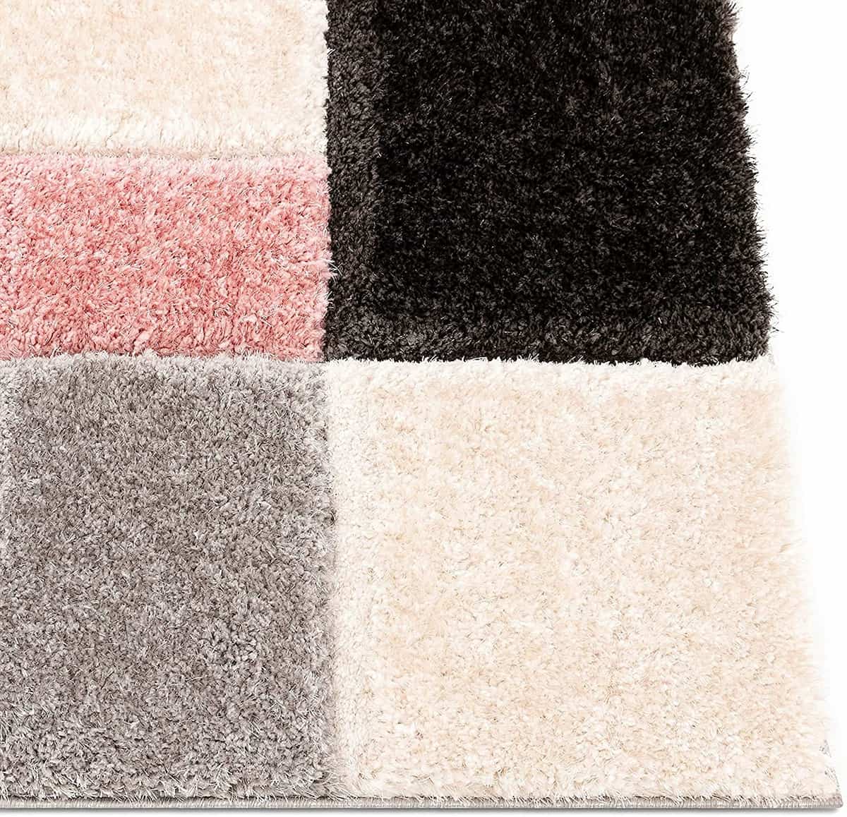 RugNoor corner view of pink, black and grey block pattern shag rug