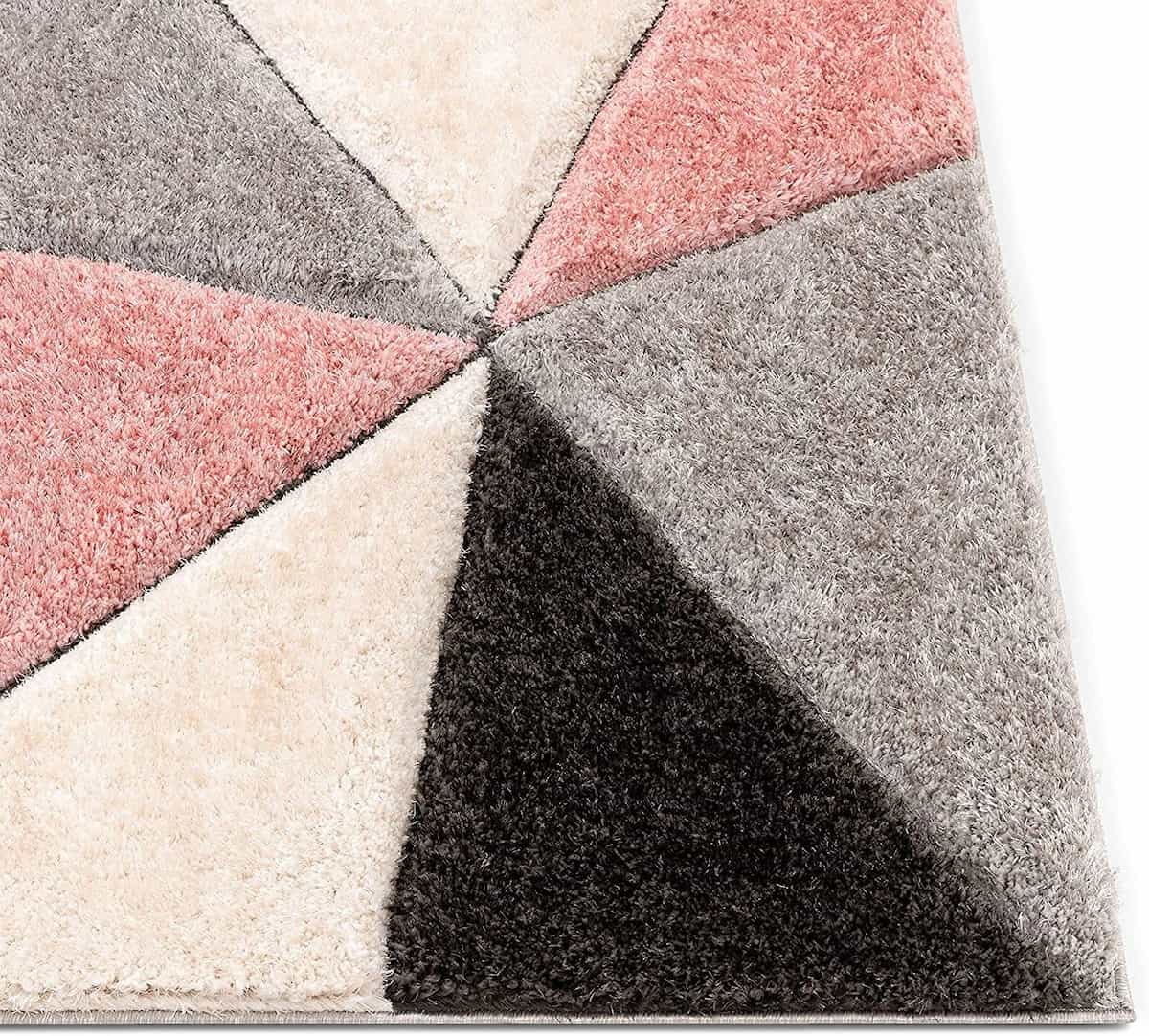 RugNoor corner view of pink, black and grey geometric shag rug pile