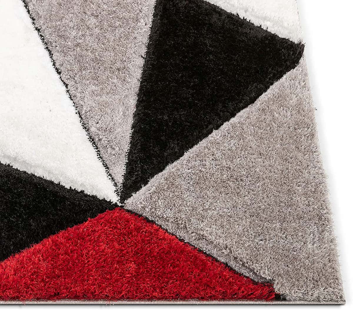 RugNoor corner view of red, black and grey geometric shag rug pile